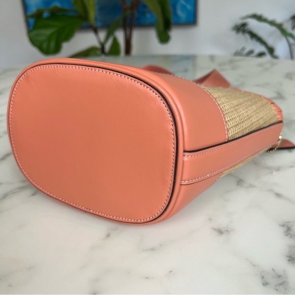 COACH Woven Straw Bucket Bag Crossbody F72707 Natural Light Coral Leather Gold - Picture 11 of 16